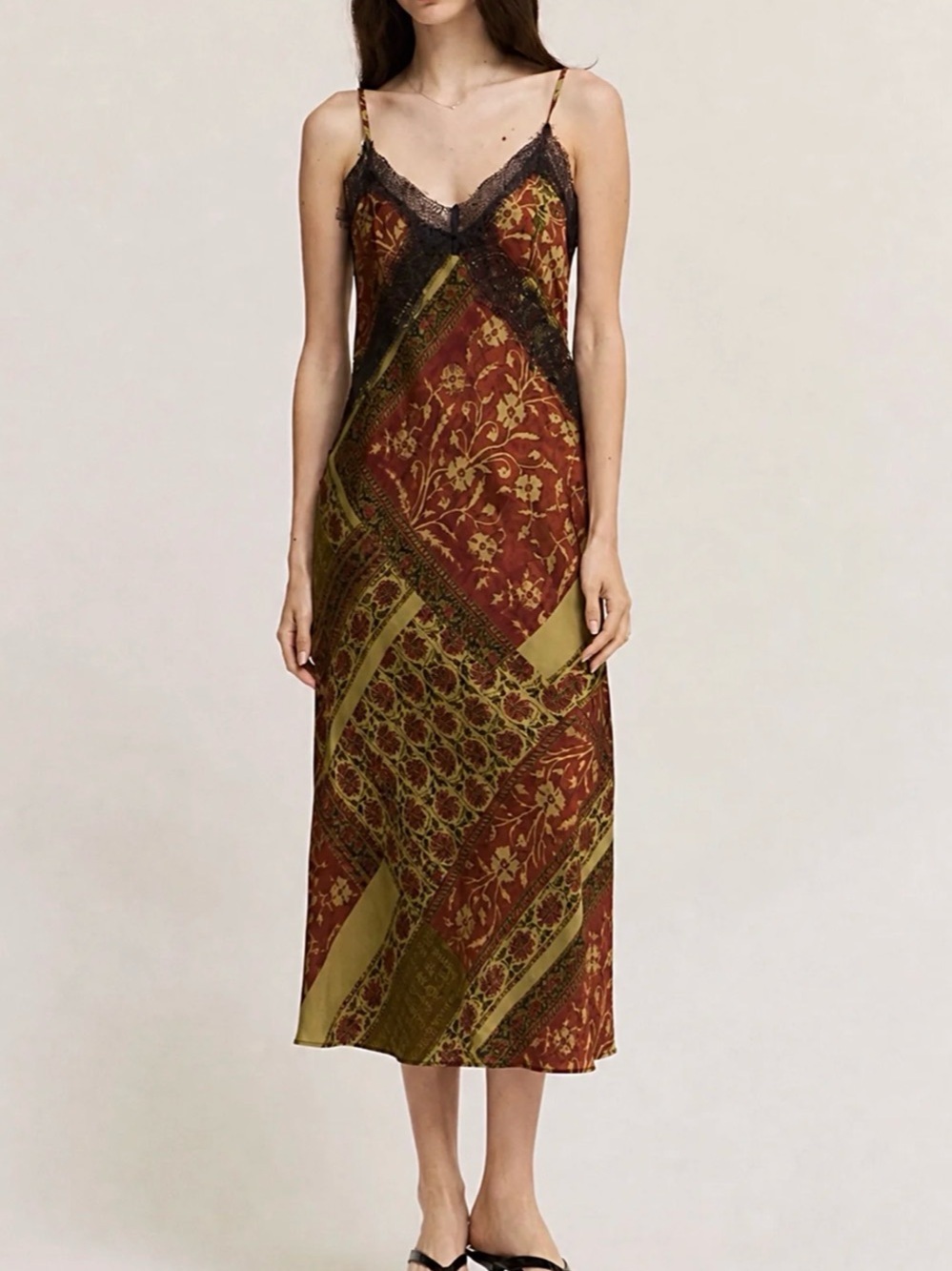NWOT Nora Patchwork Print Satin Slip Dress